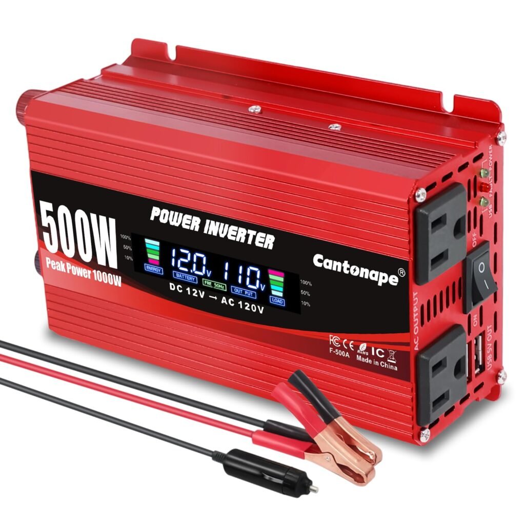 Cantonape 500W/1000W(Peak) Car Power Inverter DC 12V to 110V/120V AC Converter with LCD Display 2 AC