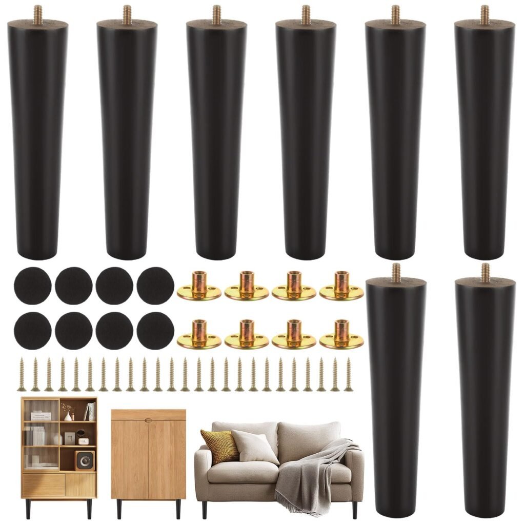 FVIEXE 8 Inches Black Wood Furniture Legs Set of 8, Wooden Couch Sofa Chair Legs Replacement Modern Mid Century Furniture Legs for Coffee Table End Table Side Table Night Stand
