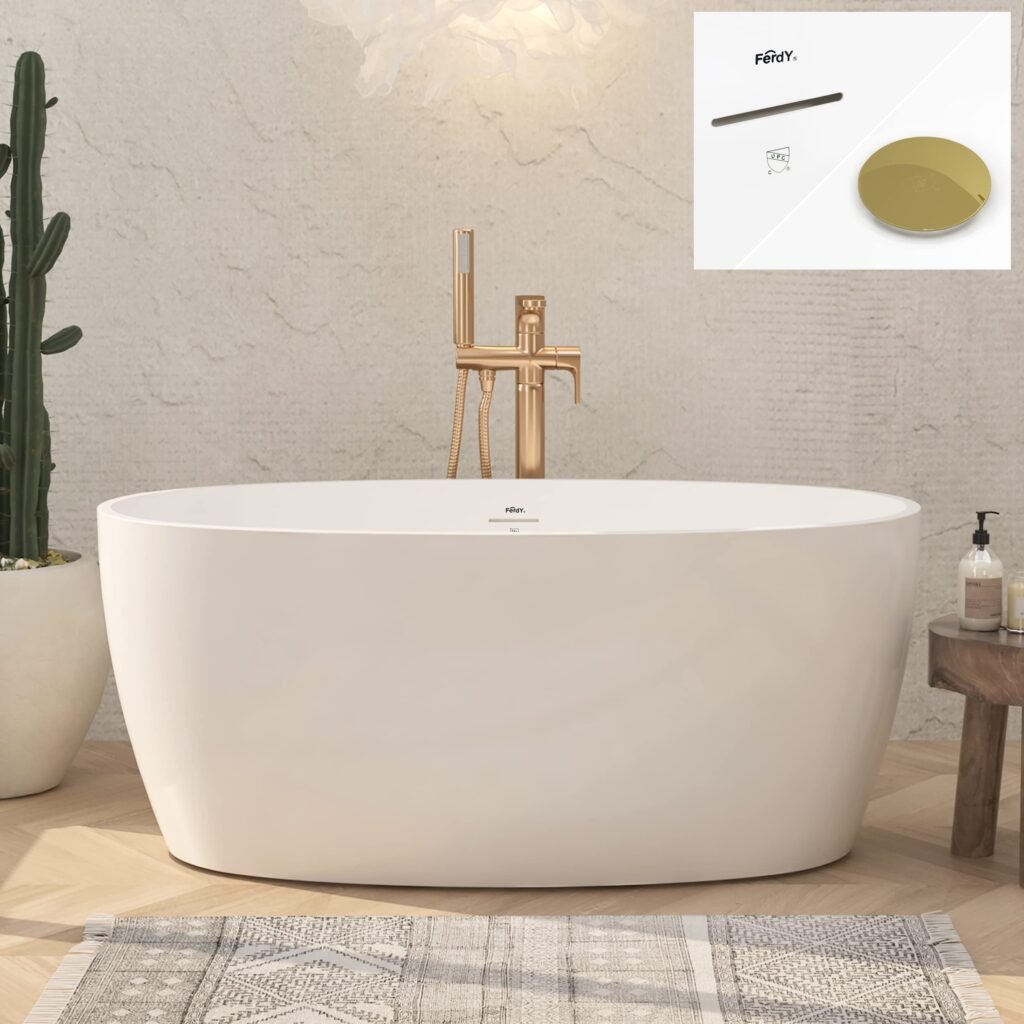 FerdY Tahiti 55" Acrylic Freestanding Bathtub, Elegant Oval Shape Soaking Bathtub, Glossy White,