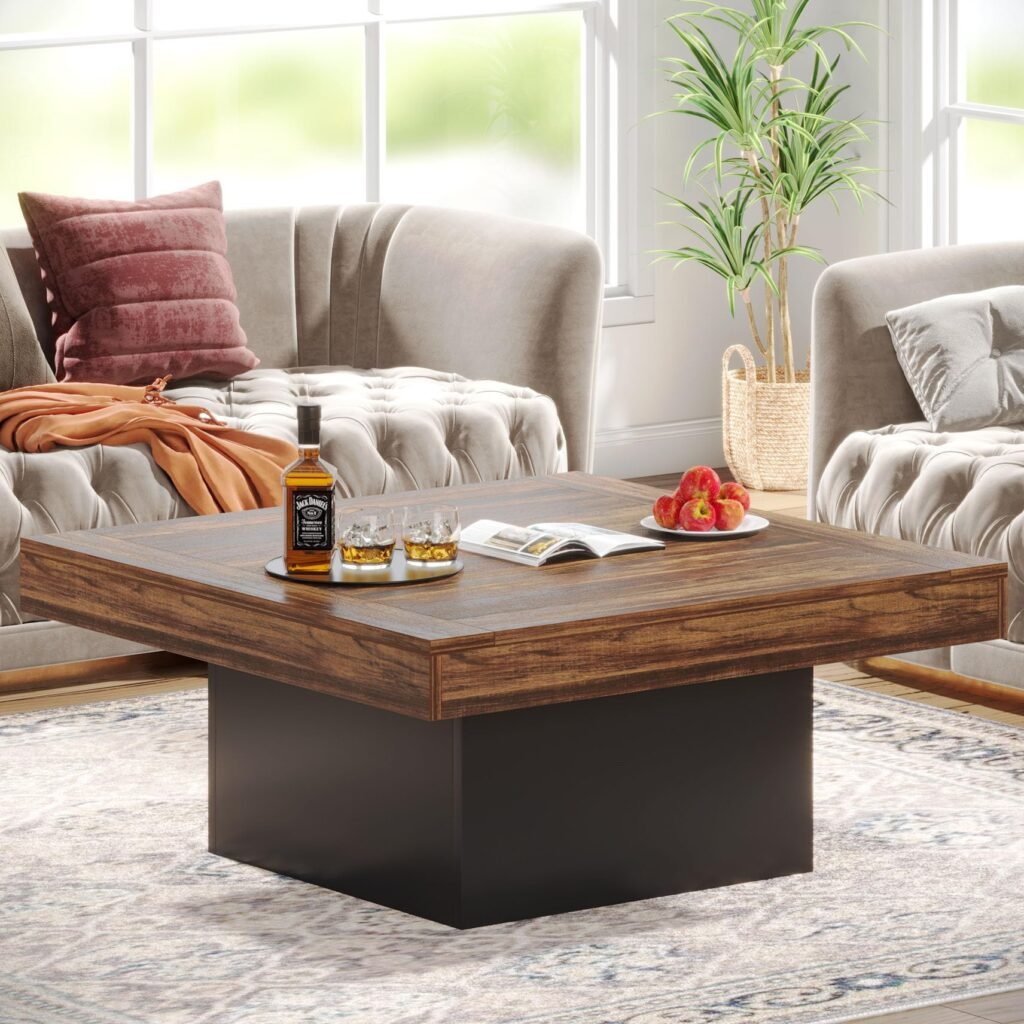 Tribesigns Farmhouse Coffee Table Square LED Engineered Wood Low Coffee Table for Living Room Rustic Brown & Black * VERY USED MISSING PARTS *******