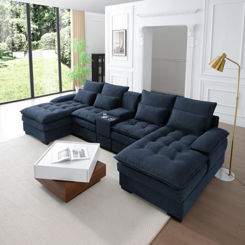 KEIKI 130" U-Shaped 6 seat Sofa with Storage Console, Cup Holders, Upholstered Sectional Sofa, Button Tufted Cloud Cushion Couch for Home, Office, Apartment, Blue