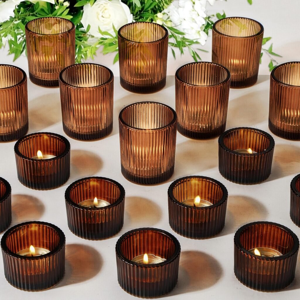 20pcs Assorted Votive Candle Holders for Tea Light Candles, Amber Glass Tea Light Candle Holders Set, Decorative Ribbed Tealight Holder for Wedding Table Decor, Dining Room, Valentine's Day, Birthday