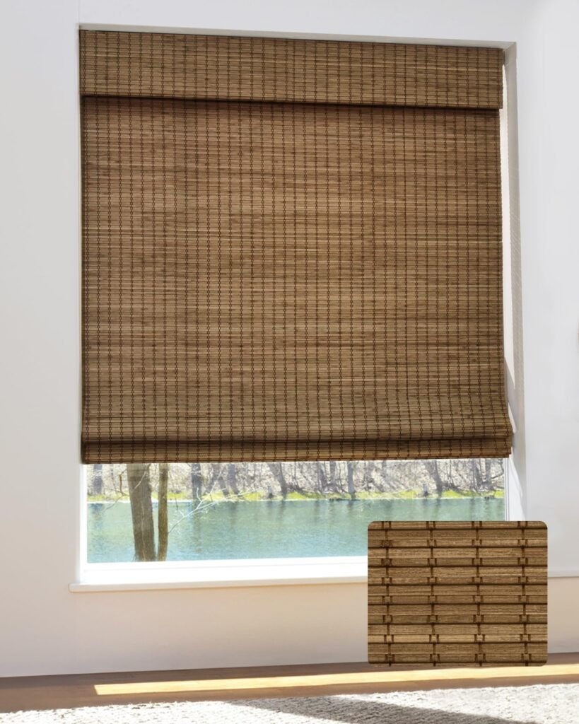 UNISHADES Cordless Bamboo Roman Shades, 33.5" W x 64" H, Highfield Teak