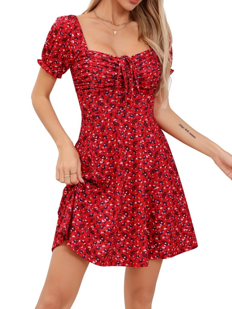 Missufe Women's Puff Short Sleeve Floral Dress