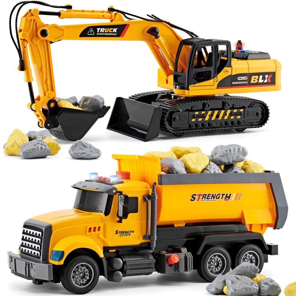 LerBao 2 Pack Large Construction Engineering Truck Toys,Moveable Claw Excavator & Lifting Back Dump