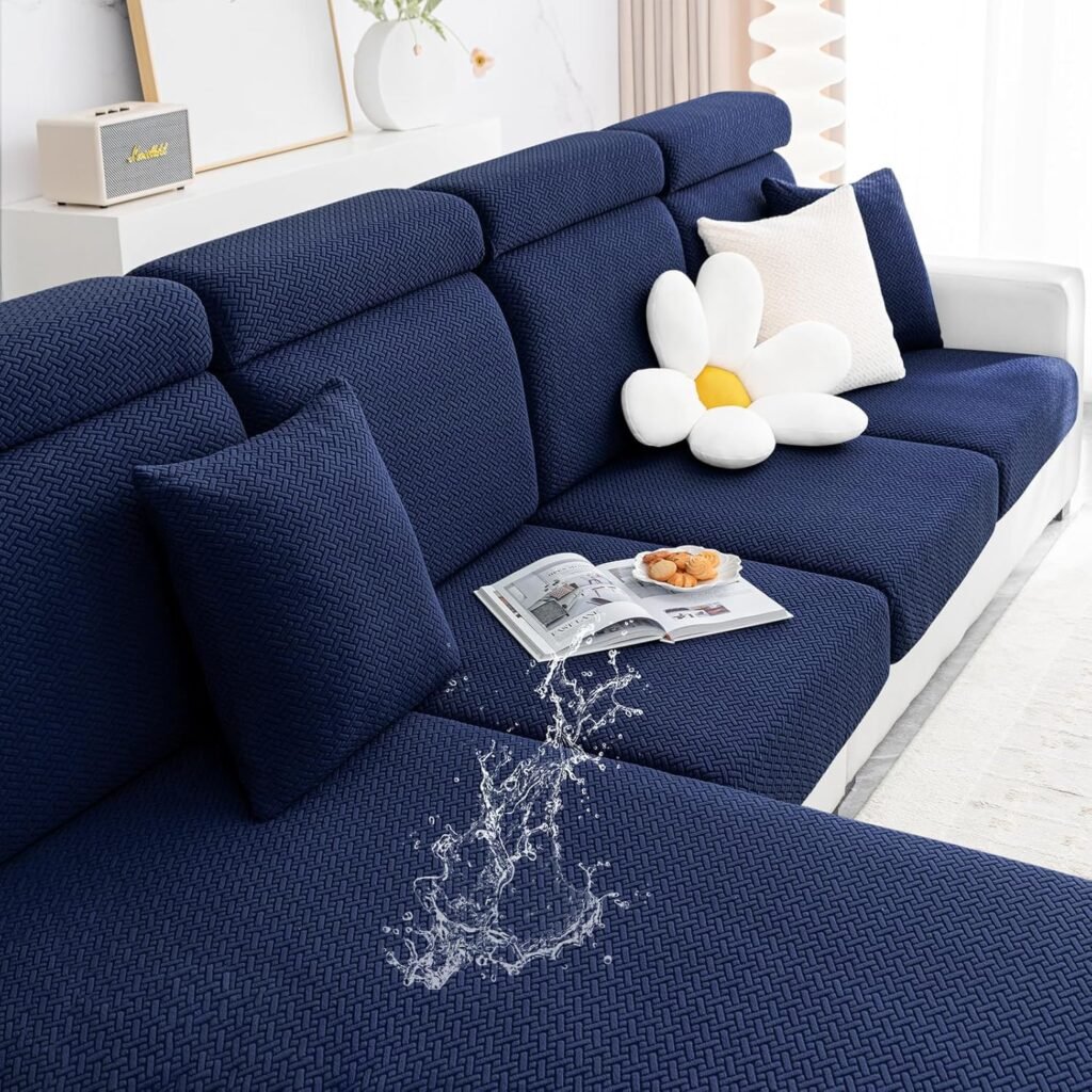 Smiry Waterproof Couch Cushion Covers, Stretch Jacquard Thick Sofa Cushion Covers, Washable Seat Slipcover Elastic Furniture Protector for Pets, Kid (Back Cover M, Navy)