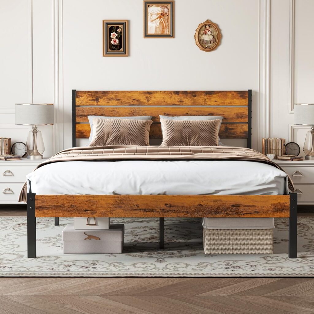 Sweetcrispy Queen Size Bed Frame with Headboard, 800LBS Mattress Foundation with All Sturdy Metal
