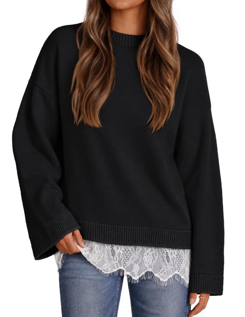MEROKEETY Women's Fall Oversized Lace Sweaters 2026 Trendy, Black, M