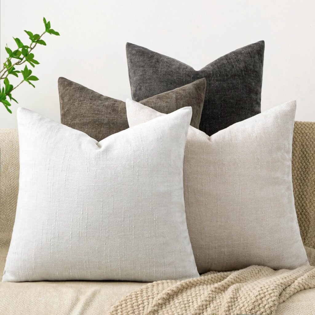 Cozoomy Set of 4 Soft Textured Decorative Throw Pillow Covers 18x18 Inch Cozy Farmhouse Cushion Cover Square Accent Pillow Cases for Bed Couch Sofa Living Room, Neutral