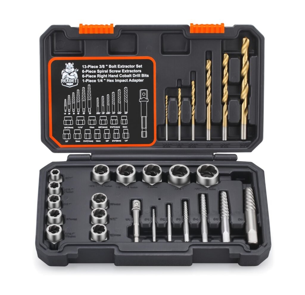 REXBETI 26-Piece Bolt Extractor Screw Extractor Set and Cobalt Drill Bit Set, Case with 13-Piece Bolt Extractor, 6-Piece HSS Drill Bit, 6-Piece Spiral Screw Extractor and 1-Piece Socket Adapter