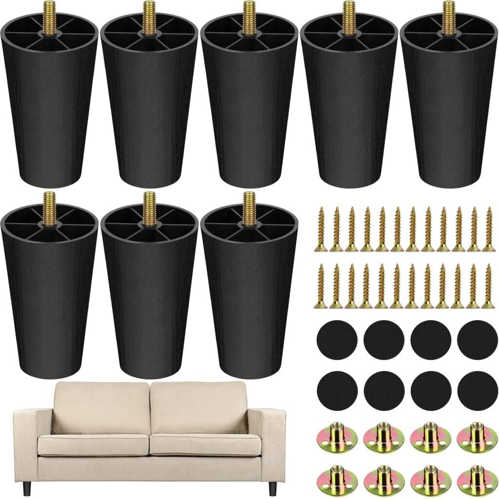 TURSTIN 16 Pack 4 Inch Plastic Furniture Legs with M8 T-Nuts Screws Tapered Sofa Couch and Chair