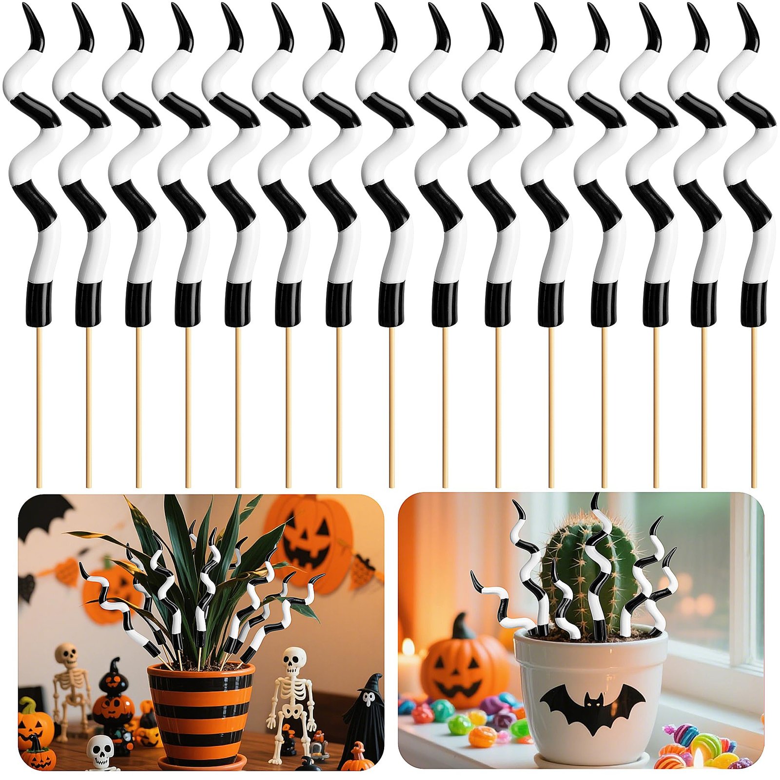 Adnee 15 Pcs Halloween Sandworm Tentacle Plant Stakes,9.5 Inch Spooky Plant Decorative Striped Stakes,Black and White Halloween Floral Picks for Indoor Outdoor Potted Plants