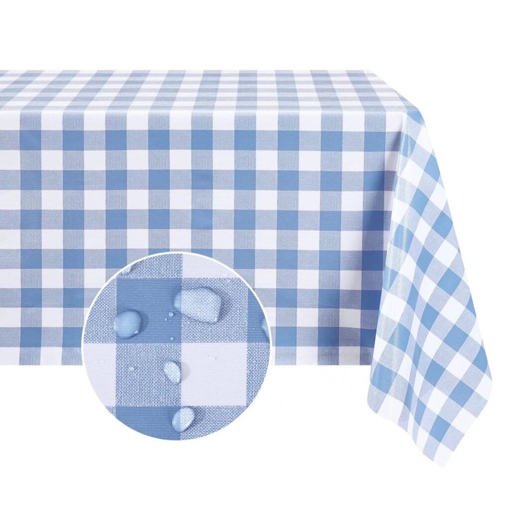Romanstile Rectangle Vinyl Tablecloth, 100% Waterproof Buffalo Gingham Plastic Table Cloth, Heavy Duty Wipeable Checkered Table Covers for Outdoor, Camping, Picnic, Patio - 54 x 120, Light Blue