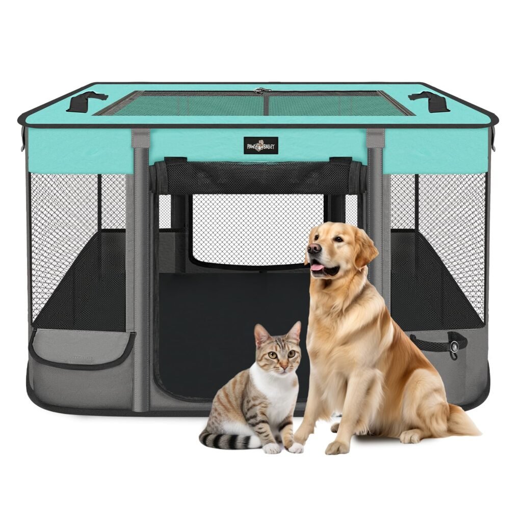 Paw Ballet Foldable Pet Kitten Playpen, Upgrade Waterproof Portable Cat Dog Playpen Kennel Tent for Small Dog Cat, Retractable Shade Cover, Indoor Outdoor Use for Small Pet, BlackTeal.