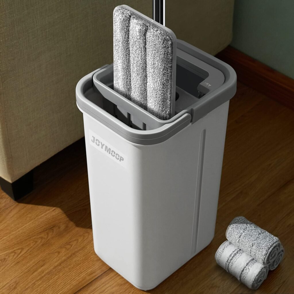 JOYMOOP Wall Mop and Bucket Set, Hands-Free Flat Floor Mop with 3 Washable Microfiber Pads, Wet and