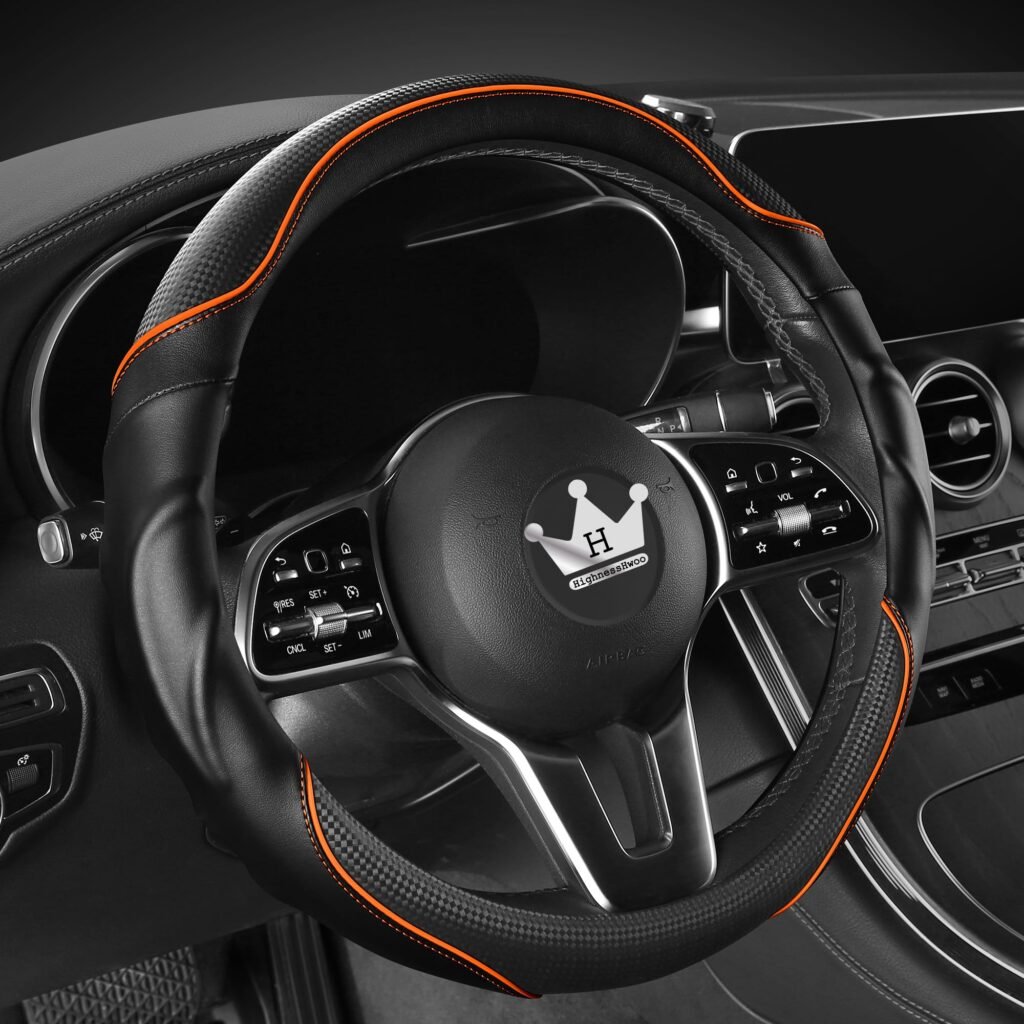 HighnessHwoo 3D Car Steering Wheel Cover - Black/Orange, Large Size (15.2-16in)