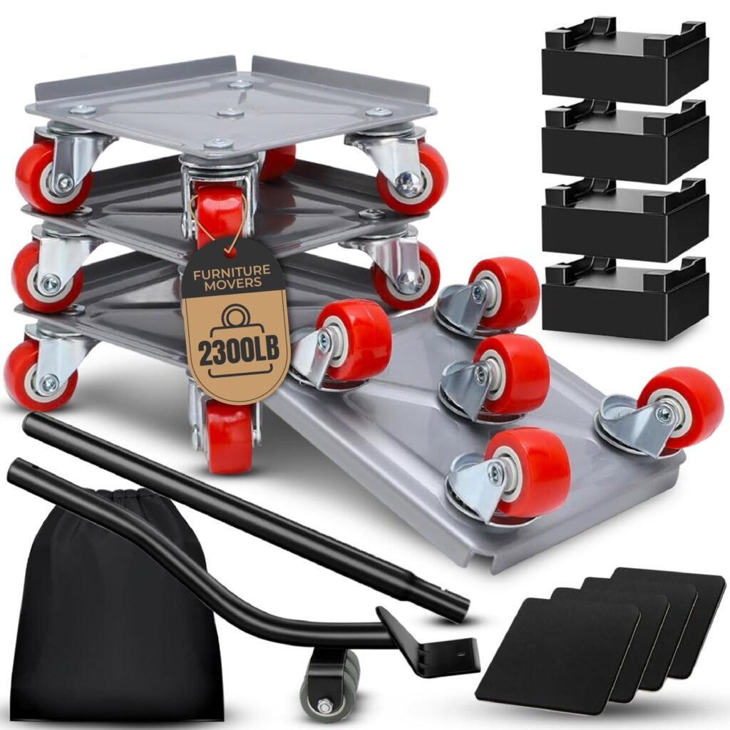Marlimoon 5 Wheel Furniture Dolly Set – 4 Rollers (2?w/?Brakes) & Lifter, 1,650?lb Capacity, 360° Rotation, Floor?Safe, Gloves & Bag