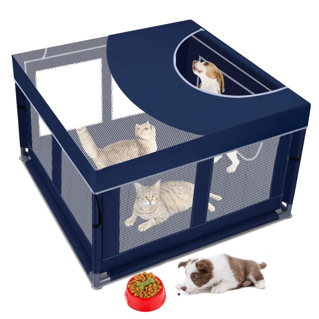 **DAMAGED BOX** Dog Kitten Playpen with Play Pen Cover for Cat Indoor, 42x42 x25.5 Puppy Playpen for Small Pet with See-Through Topper Proof Enclosed Door Dog Pen, Sturdy Warm Protable Play Pen for Cat
