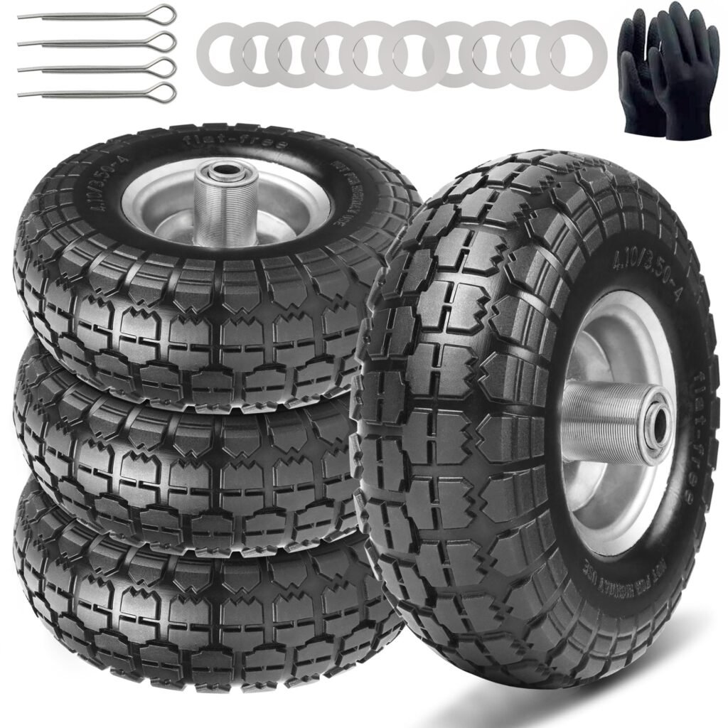 4.10/3.50-4 Tire and Dolly Wheel Flat Free - Solid Rubber Hand Truck Wheels 5/8" Axle - Gorilla Cart