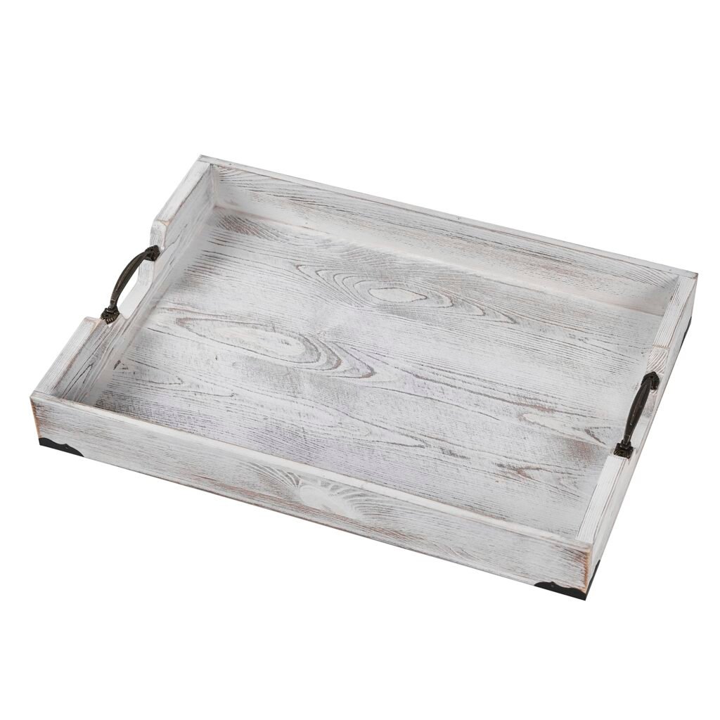 Large Wood Rectangular Serving Tray 20 x 14 Inch Rustic Wooden Ottoman Tray with Metal Handle and
