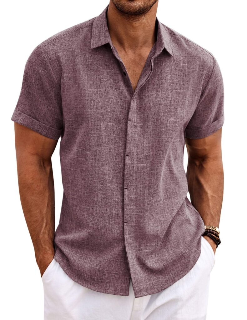 COOFANDY Men's Linen Shirts Short Sleeve Casual Shirts Button Down Shirt for Men Beach Summer Wedding Shirt Dark Red