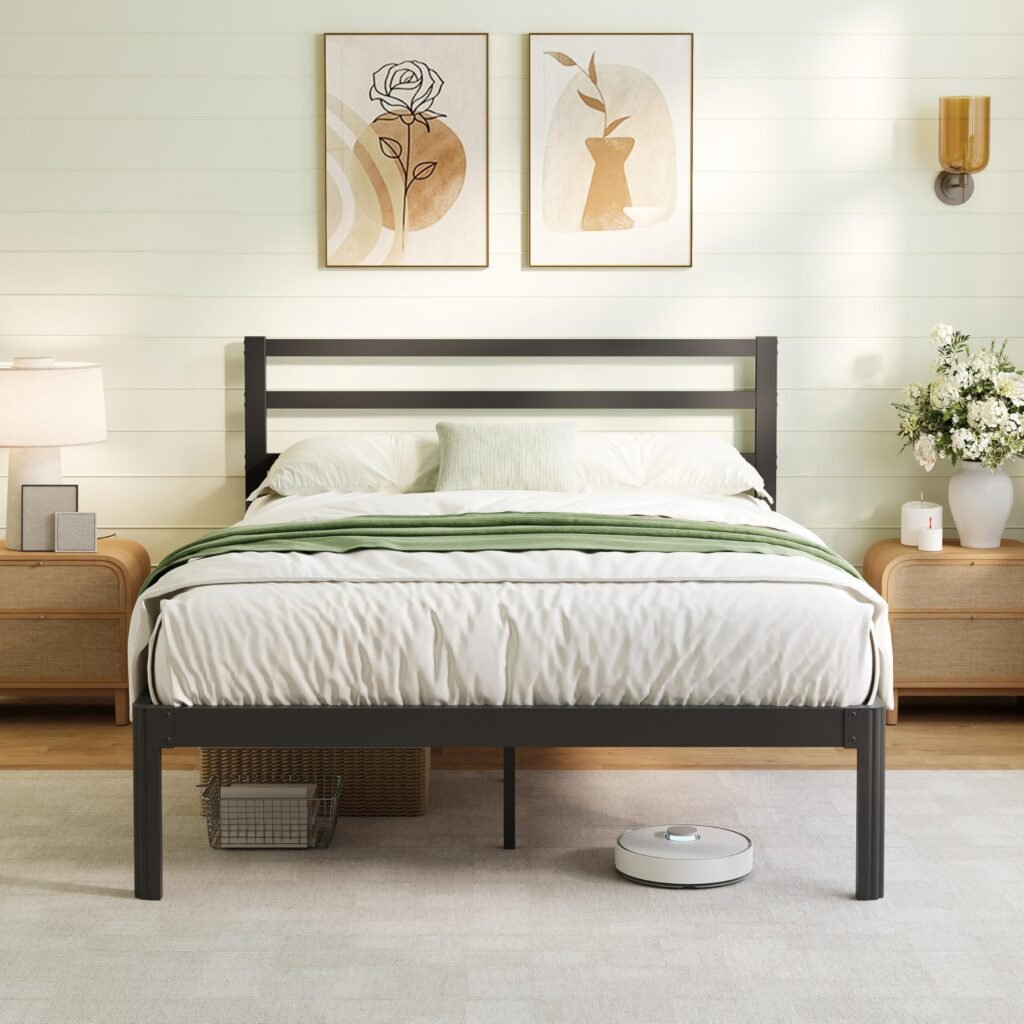 ZIYOO 14 Inch King Size Metal Platform Bed Frame with Modern Iron-Art Headboard Modern Iron Platform Bed Frame Support Up to 1500 LB No Box Spring Needed Noise-Free, Easy Assembly Black