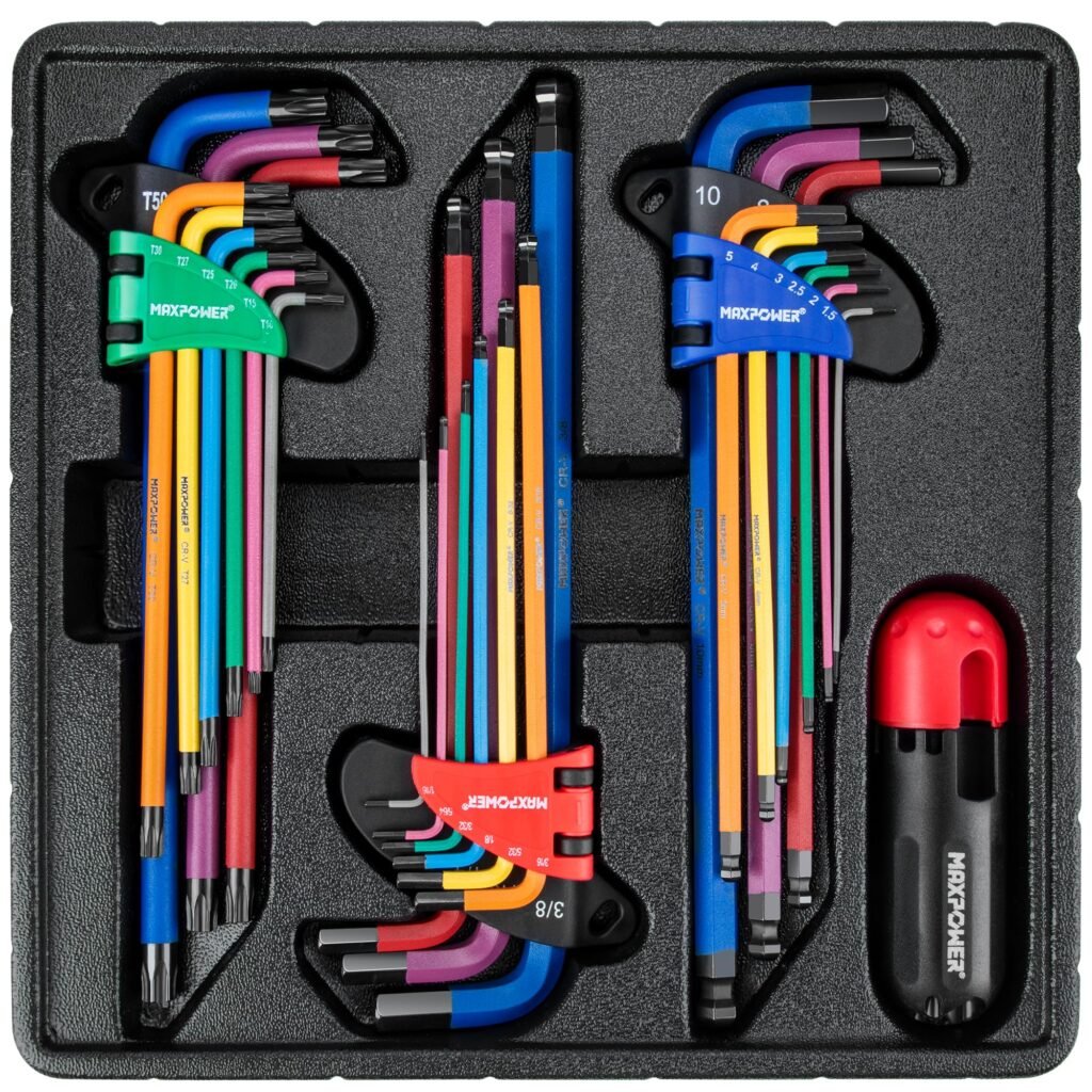 MAXPOWER Allen Wrenches Sets, 27-Piece Allen Key Wrench Set Includes SAE (1/6-3/8"), Metric (1.5-10mm), Torx (T10-T50), Extra Long Arm Ball & Torx End Hex Key Set with T-Handle