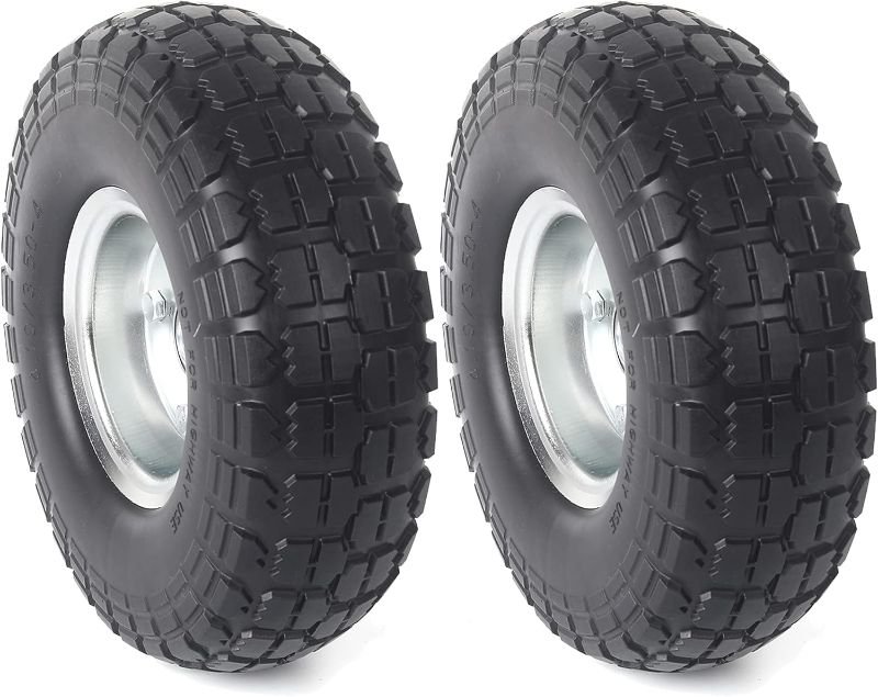 **Similar To Photo** (2-Pack) 10-Inch Solid Rubber Tire Wheels - Replacement 4.10/3.50-4" Flat Free Tire with 5/8" Bearings, 2.2" Offset Hub - Compatible with Hand Truck, Wheelbarrow, Dolly, Gorilla Carts