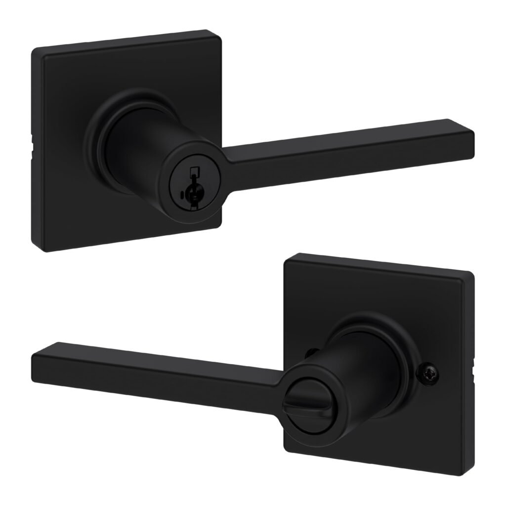 Kwikset Casey Entry Door Handle with Lock and Key, Secure Keyed Reversible Lever Exterior, For Front Entrance and Bedrooms, Matte Black , Pick Resistant Smartkey Rekey Security and Microban Entry Matte Black 1 Pack
