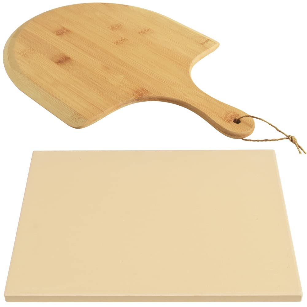 homEdge Pizza Stone Set, Heavy Duty Round Cordierite Baking Stone for Bread, Pizza,Cooking Stone with Bamboo Pizza Peel Paddle for Oven and Grill-15"x12"