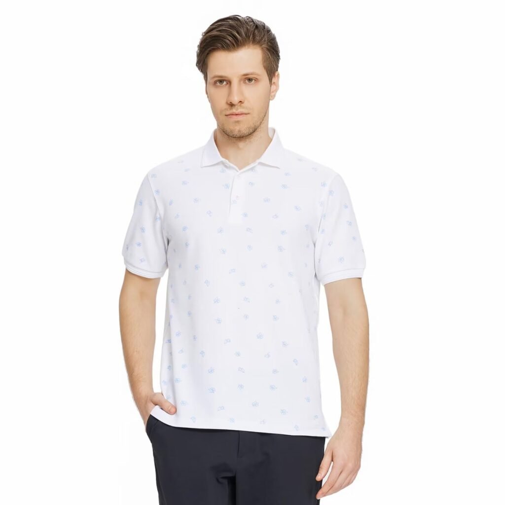 VEBOON Men's Printed Pique Polo Shirt Short Sleeve Casual Collared Breathable Polo Shirt Classic Fit Business Polo Shirt X-Large White