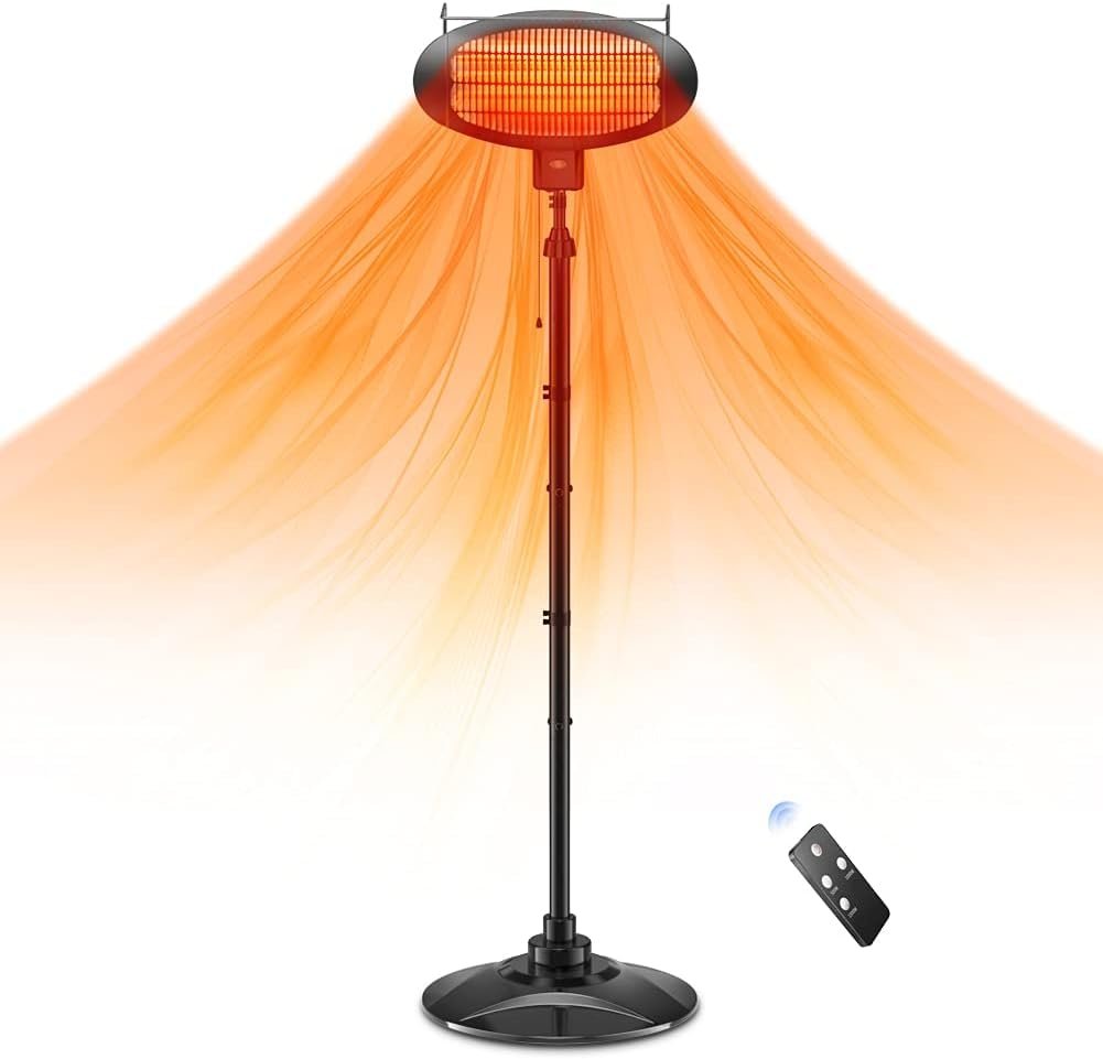 Patio Heater Electric Indoor Outdoor Infrared Heater Retractable with 3 Ajustable Heating Modes 500W 1000W 1500W Overheat Tip Over Protection IP34 Waterproof Rapid Heating