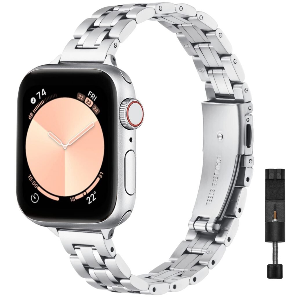 STIROLL Thin Replacement Band Compatible for Apple Watch 38mm 40mm 41mm 42mm 44mm 45mm 49mm, Stainless Steel Metal Wristband Women Men for iWatch Ultra SE Series 9/8/7/6/5/4/3/2(Silver,38mm/40mm/41mm) Silver 38mm/40mm/41mm