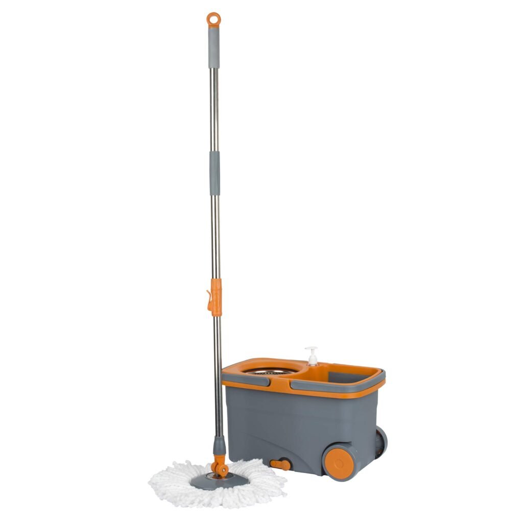 Casabella Microfiber Spin Mop and Bucket System with Replacement Head Refill, Graphite/Orange 2 Mop Heads Mop