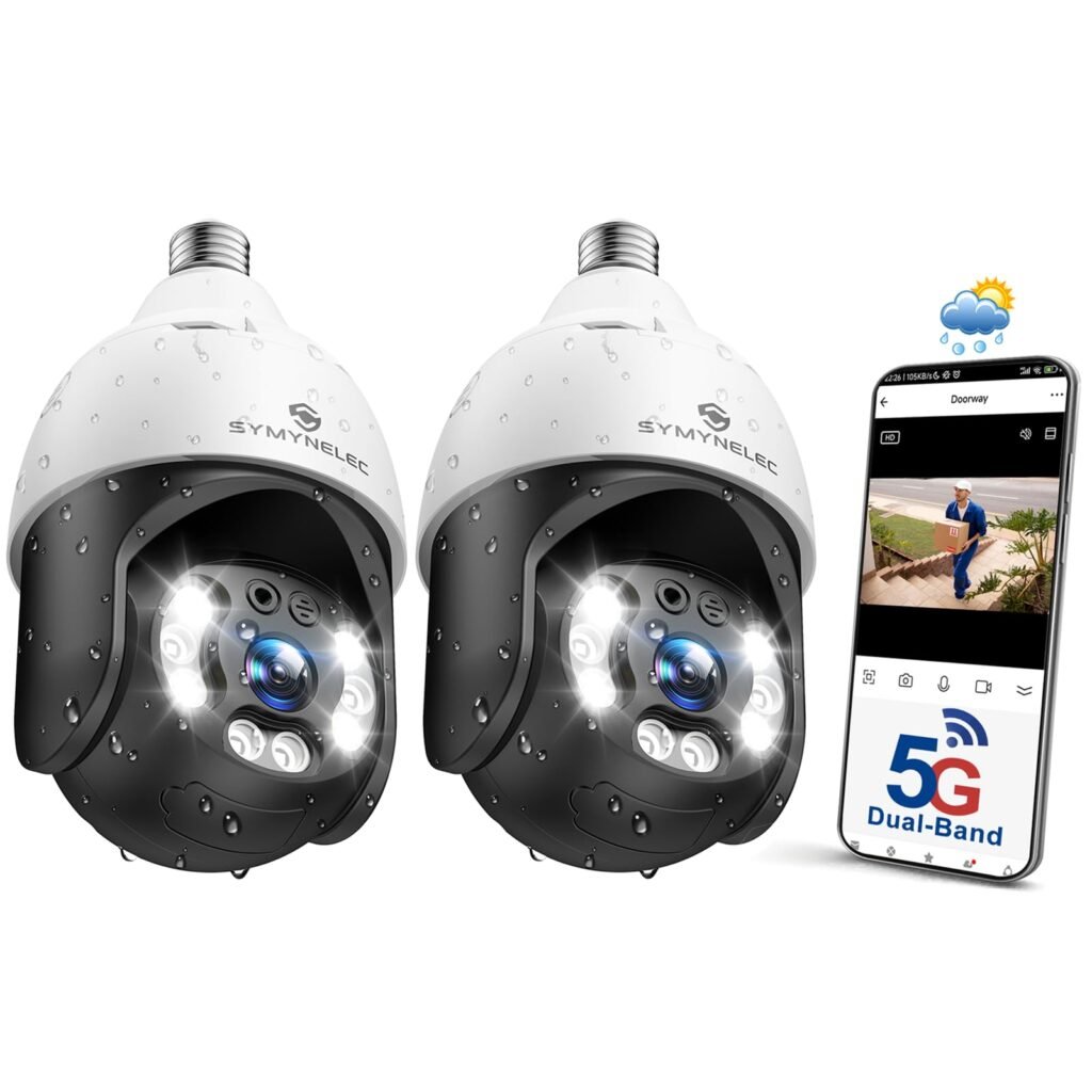 **USED** SYMYNELEC 5GHz/2.4GHz Light Bulb Security Camera Outdoor Waterproof 2K, 5G Dual Band Wireless WiFi Light Socket Security Camera with Color Night Vision Human Motion Detection IP65 Alexa (2 PCS) 5G/2.4GHz Black&White 2 Packs