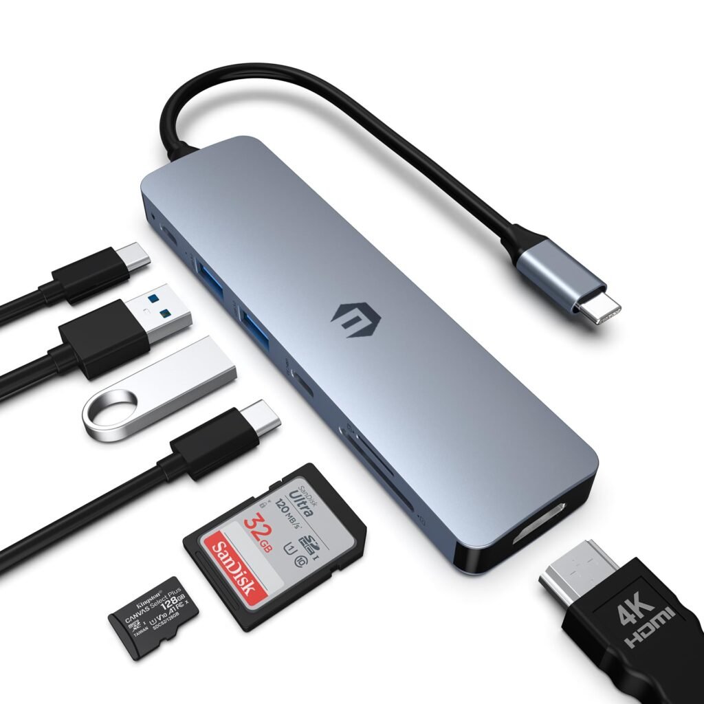 USB C HUB, 7 in 1 Hub Adapter, HDMI Output, 100W Power Delivery, USB C 3.0, 2 x USB 3.0, SD and Micro SD Card Reader, Ideal for USB C Laptops Dell XPS/HP/Surface and More