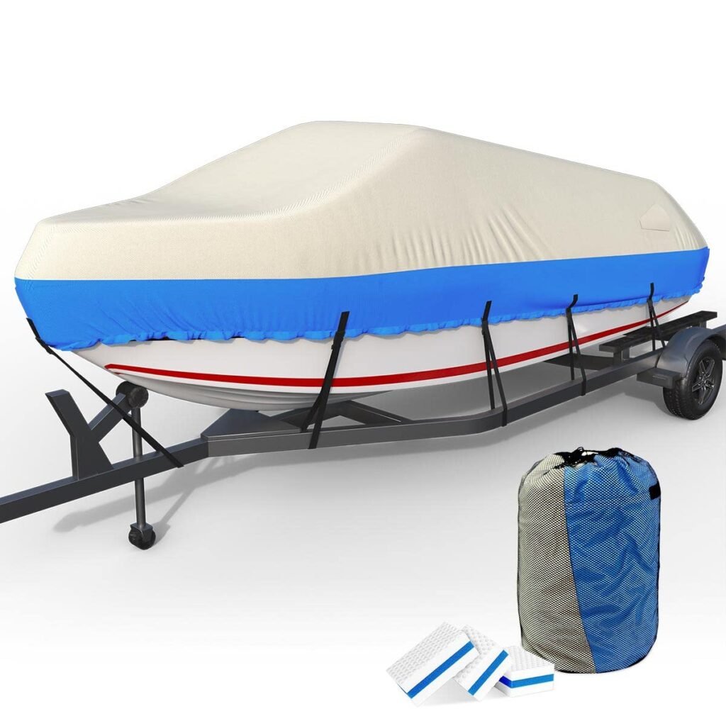 DRYFEEDO Heavy Duty Boat Cover Trailerable, 800D Marine Grade Polyester Canvas Waterproof Boat Cover,Fits for V-Hull, TRI-Hull, Runabout Fishing Bass Boat(Model E - L:20'-22' W: up to 100") Model E - Length:20'-22' Beam Width: up to 100"