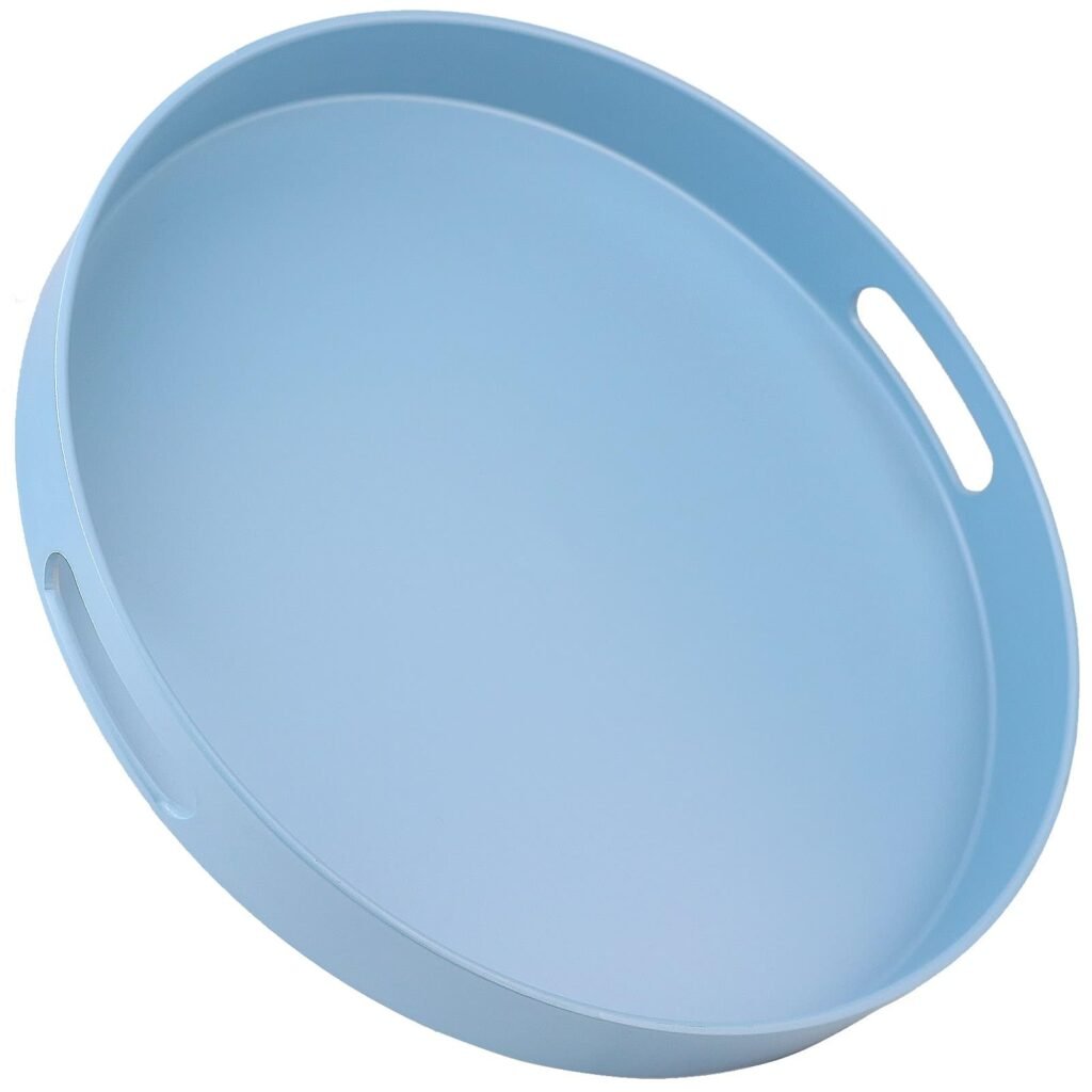 Round Blue Decorative Serving Tray with Handles, 13” Versatile Ottoman Tray for Coffee Table, Entertaining, Outdoor Patio, Living Room Blue 13"