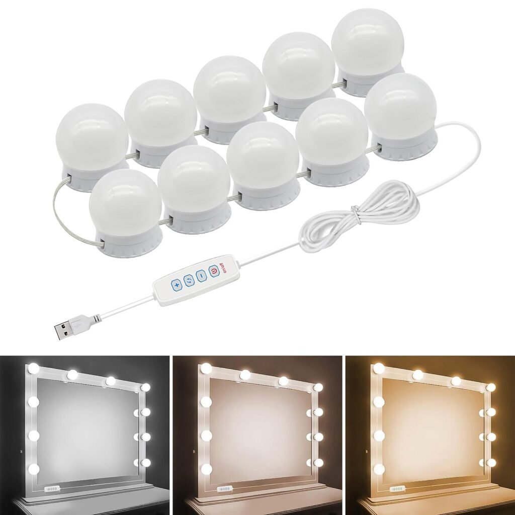 LED Vanity Lights for Mirror, Hollywood Style Vanity Lights with 10 Dimmable Bulbs, Adjustable Color & Brightness, USB Cable, Mirror Lights Stick on for Makeup Table Dressing Room