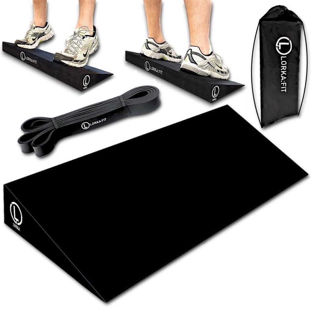 Heel Elevated Squat Wedge Block - 3PC Set with Resistance Band & Shoulder Bag - Slant Board for Squats - Calf Stretcher Slant Board for Calf Stretching - Incline Board - Knees Over Toes Heel Lift With Resistance Squat Band & Shoulder Bag