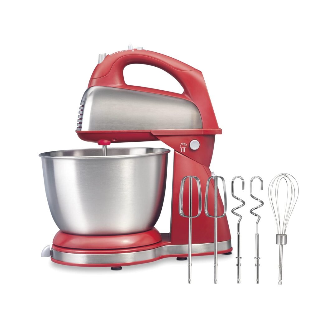Hamilton Beach Classic Stand and Hand Mixer, 4 Quarts, 6 Speeds with QuickBurst, Bowl Rest, 290 Watts Peak Power, Red (64654) Red Stand Mixer