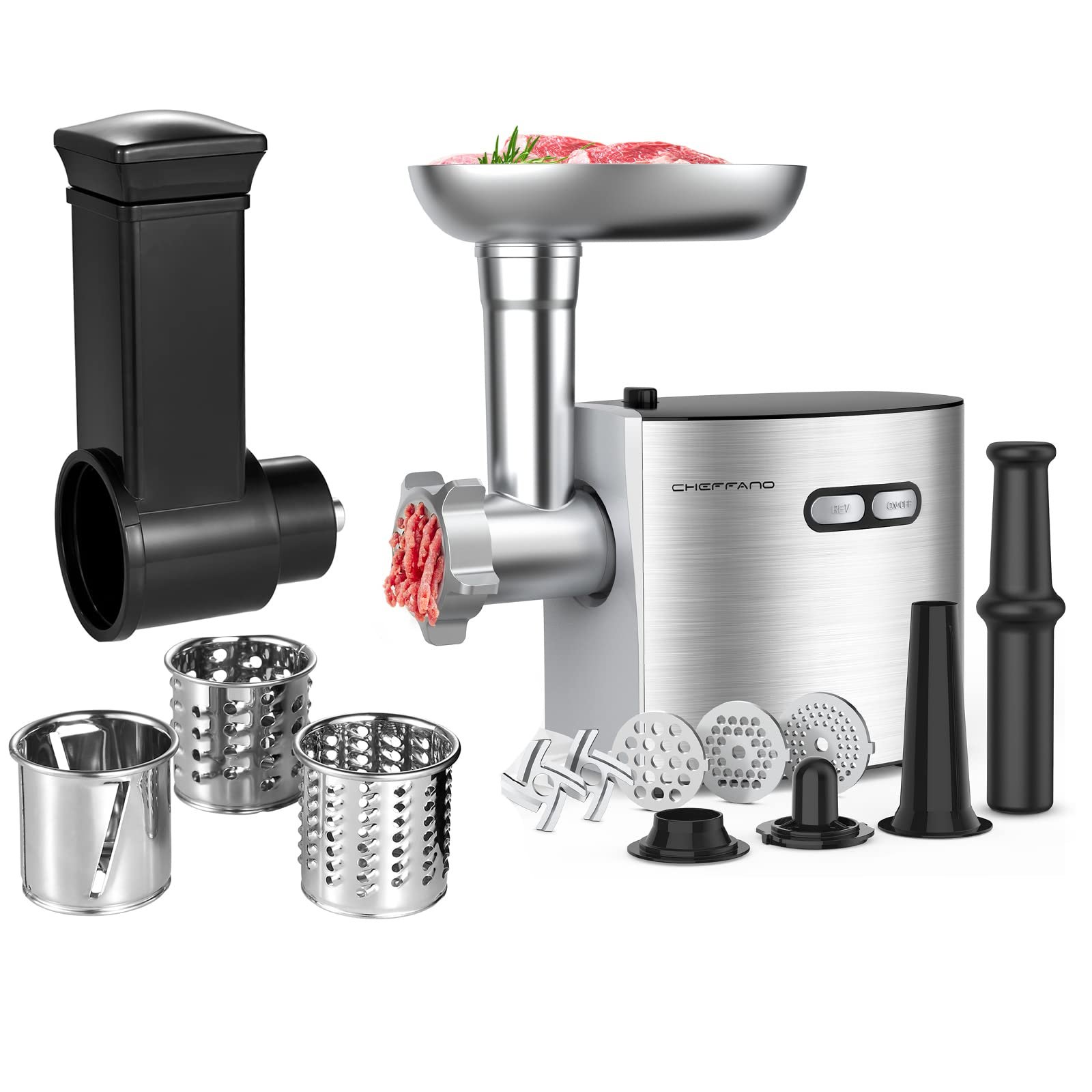 *** NOT FUNCTIONAL**** SELLING AS PARTS***
CHEFFANO Meat Grinder Bundle With Cheese Grater Slicer