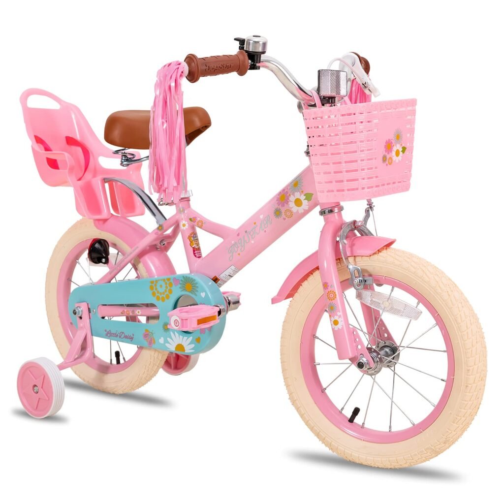 JOYSTAR Little Daisy Kids Bike for 2-7 Years Girls with Training Wheels & Front Handbrake 12 14 16 Inch Princess Kids Bicycle with Basket Bike Streamers Toddler Girl Bikes, Blue Pink White Pink 16 Inch With Training Wheels