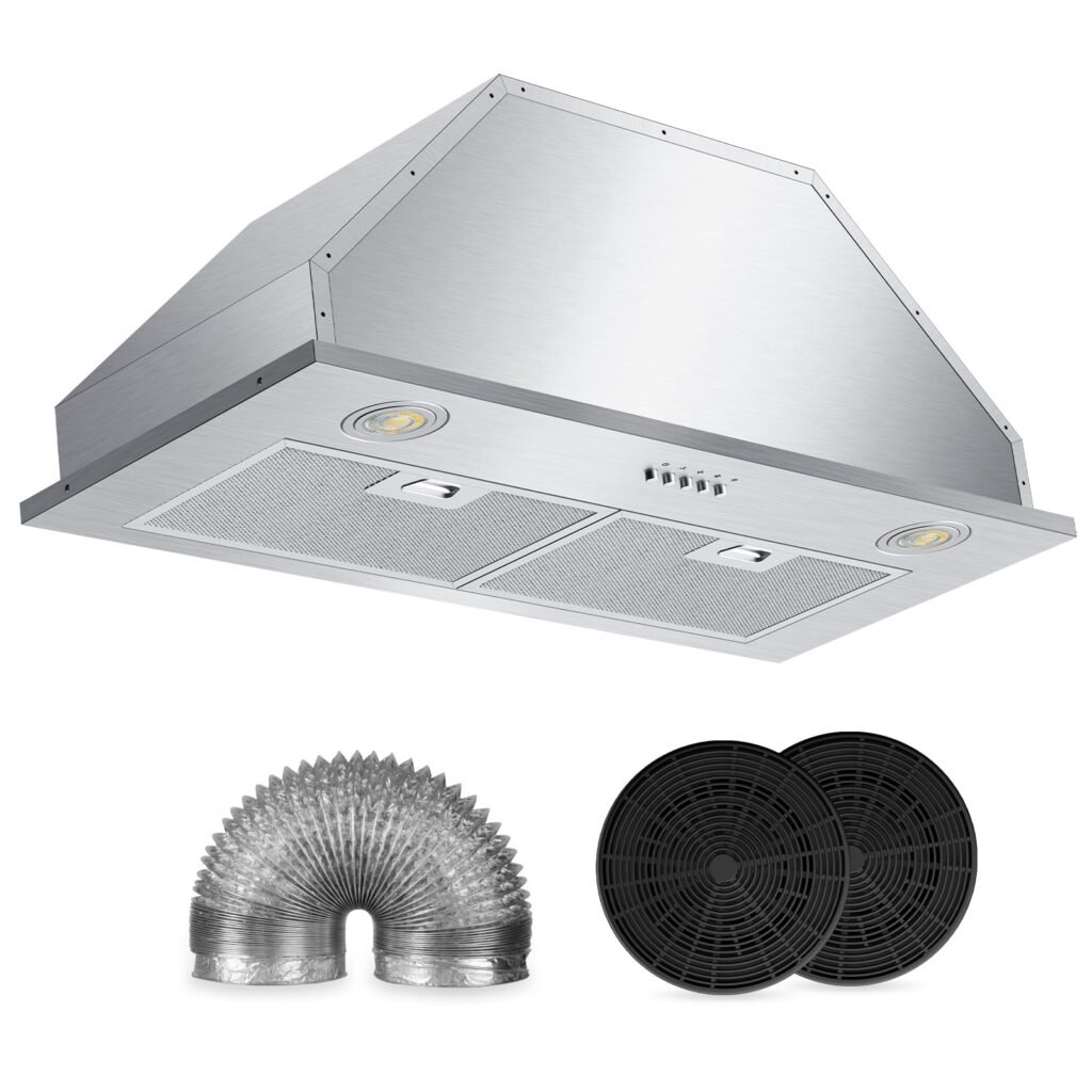 *** NOT COMPLETE ** USED** Upgraded Range Hood Insert 30 Inch with 750 CFM, Ducted/Ductless Convertible Kitchen Vent Hood Insert(Charcoal Filters Included), Stainless Steel Kitchen Hood with 3 Speed Fan & 2 Bright LED Light Range Hood Insert-400CFM-KMS-M3