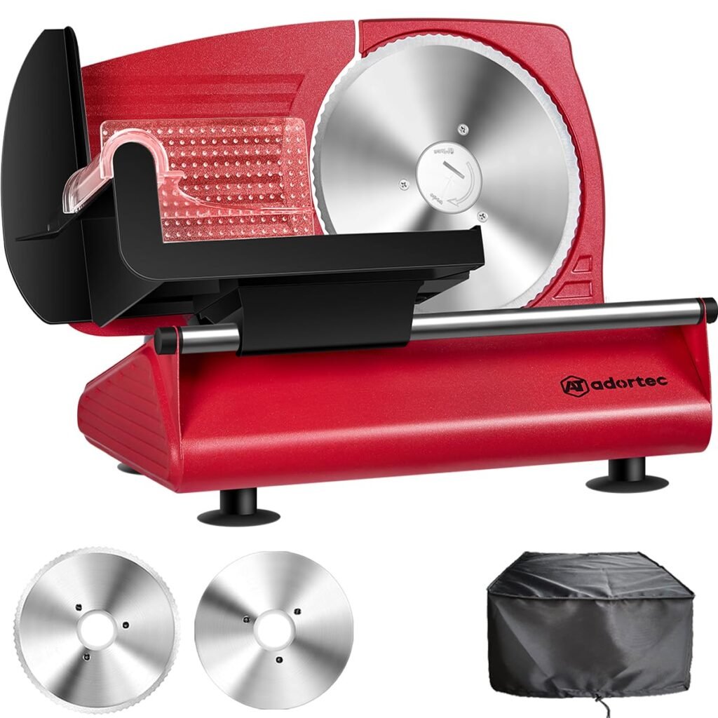 Electric Meat Slicer for Home Use, Deli Slicer with 2 Blades & 1 Customized Dust Cover, Red