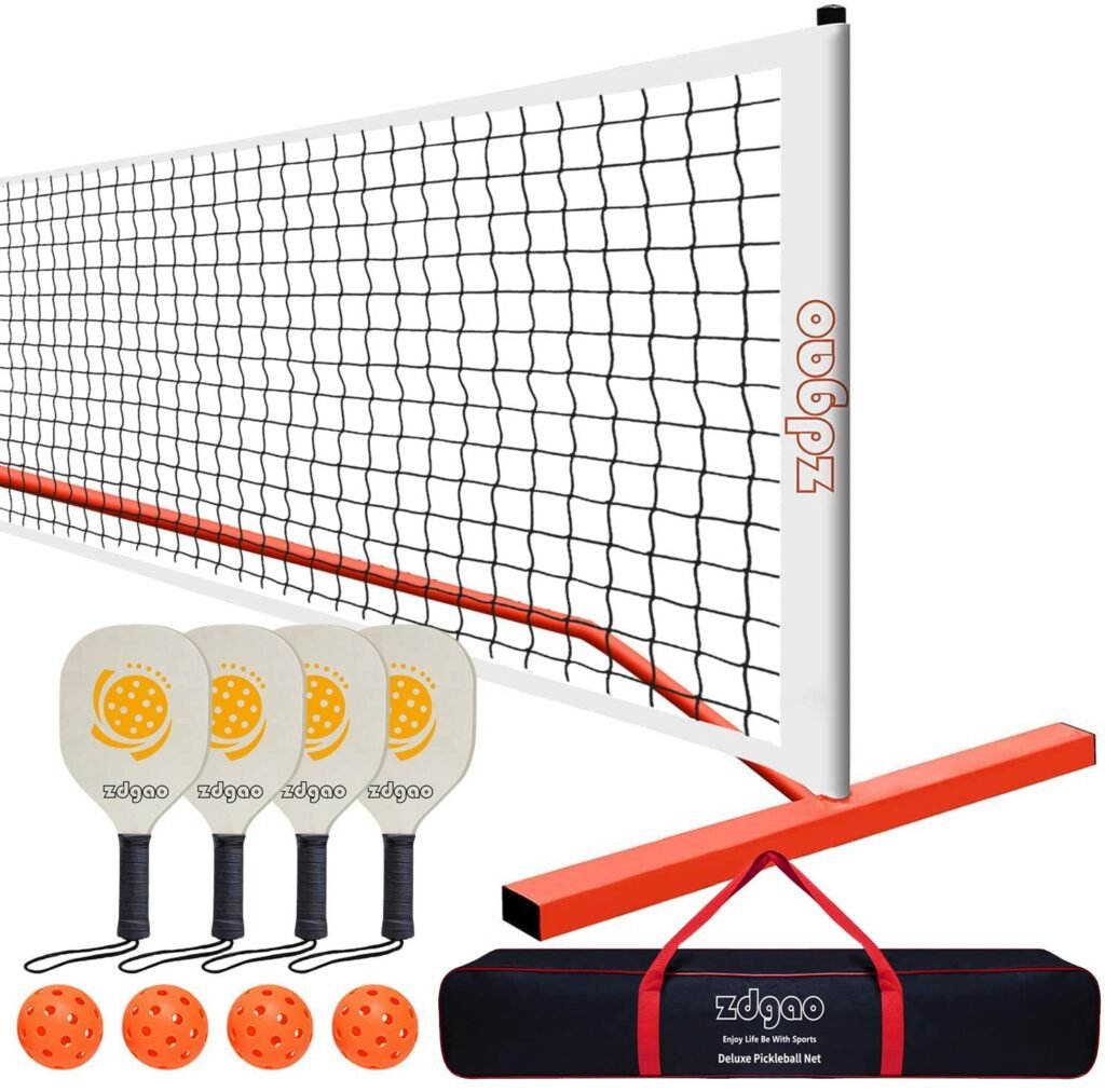 SGSPORT Portable Pickleball Net Set with 4 Pickleball Paddles, Official Size Pickleball Net, 4 Outdoor Pickleballs and Carry Bag, Weather Resistance Strong Steel Frame Orange