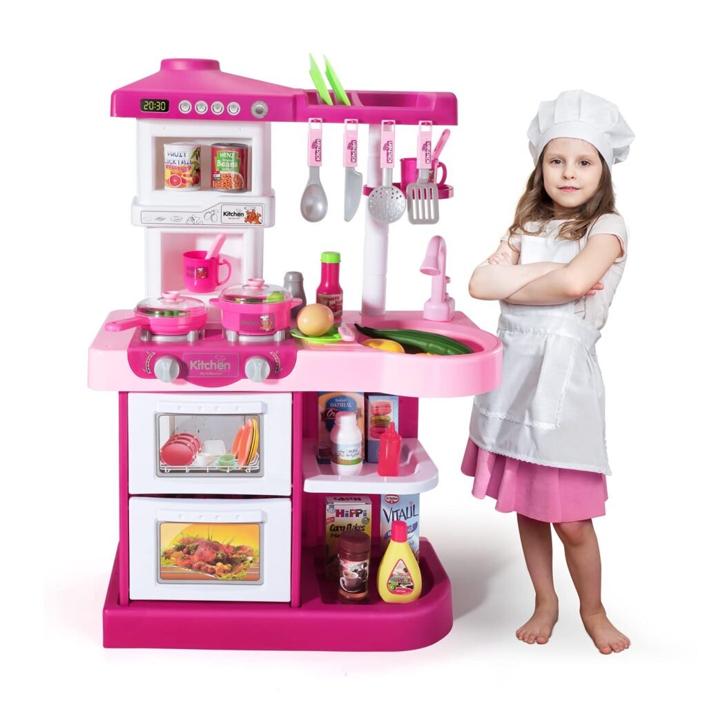 TEMI Play Kitchen Playset Pretend Food - 53 PCS Pink Kitchen Toys for Toddlers, Toy Accessories Toddler Set w/ Real Sounds and Light, Toddler Outdoor Playset for Kids, Girls & Boys