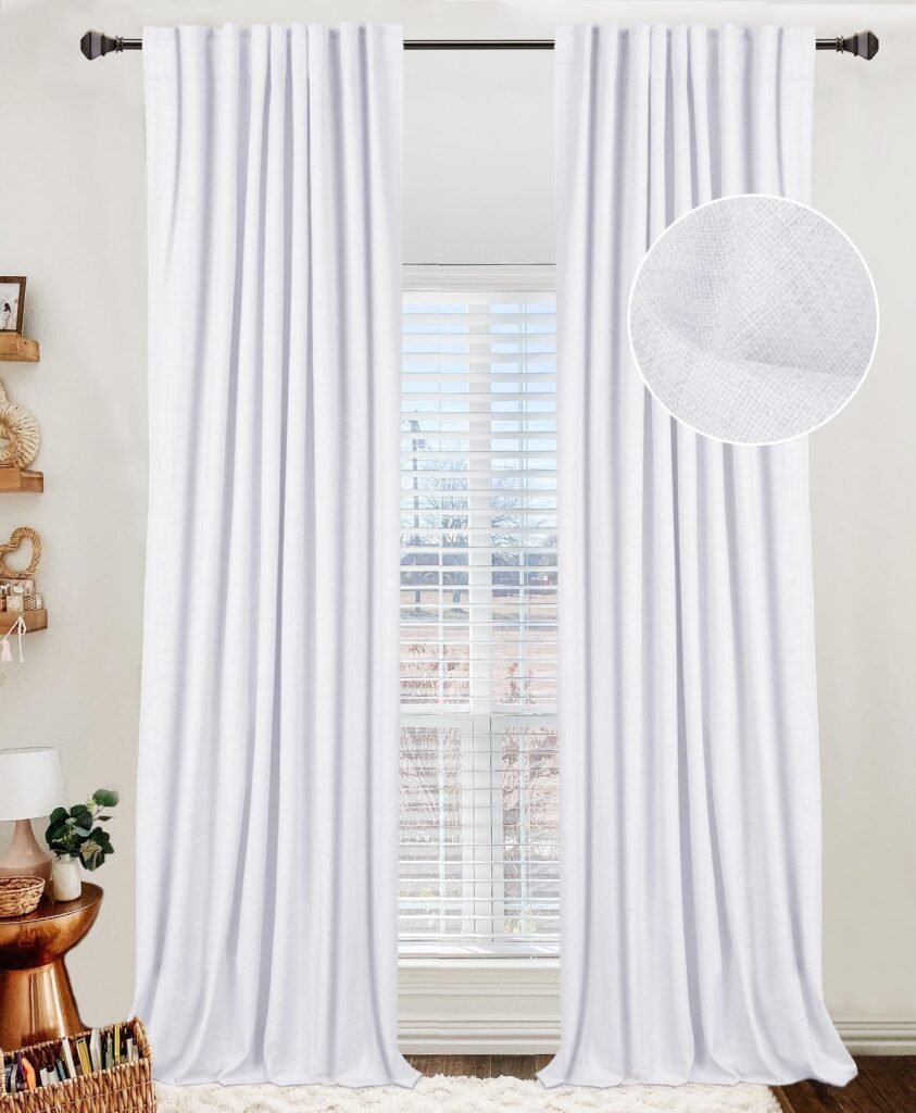 100% White Blackout Shield Linen Blackout Curtains for Bedroom 96 Inches Long,Back Tab/Rod Pocket Living Room Drapes,Thermal Insulated Textured Blackout Curtains 2 Panels Set,50"W x 96"L,Bright White Bright White 50''W x 96''L
