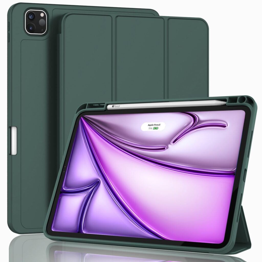 ZryXal New iPad Air 13 Inch Case M2 2024 with Pencil Holder, Smart iPad Case [Support Pencil Pro and Pencil(USB-C)], Support Touch ID and Auto Wake/Sleep (Midnight Green)