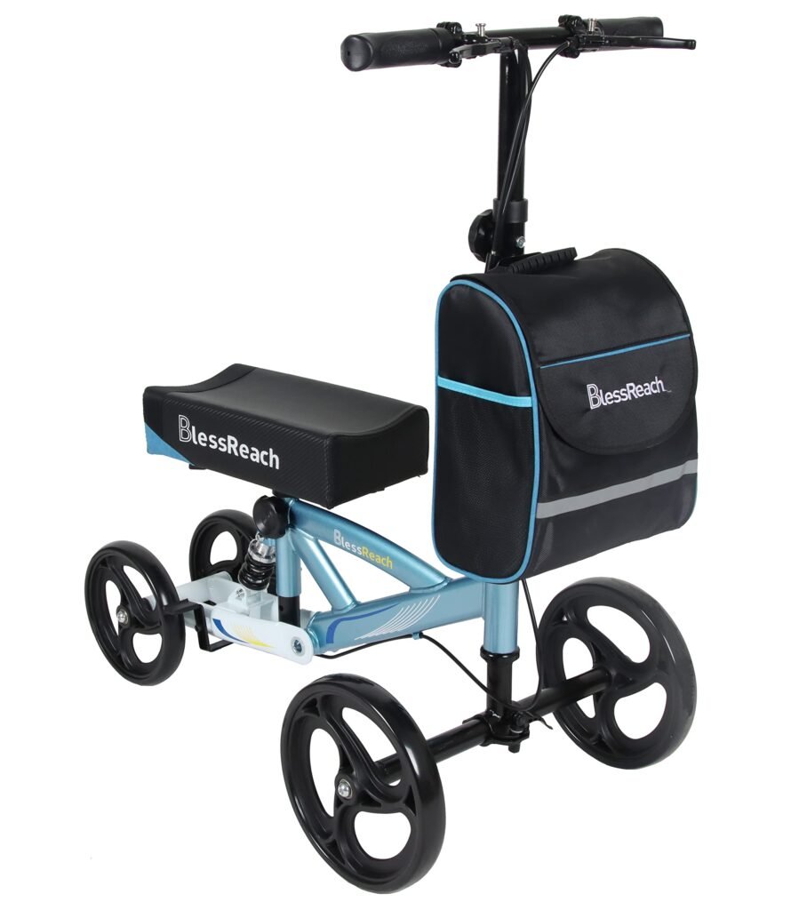 BlessReach Economy Knee Scooter Steerable Knee Walker for Foot Injuries Compact Crutches with Dual Rear on-Wheel Brake and Shock Absorption Under The Knee pad Wb-2202 Blue